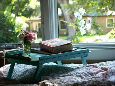 bed, book, vase