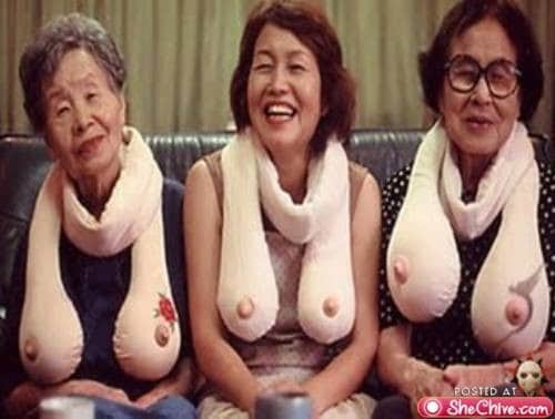 women wearing shawl in form of breasts, humor