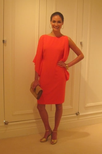 model in orange Lauren by Ralph Lauren summer dress, 2012 collection