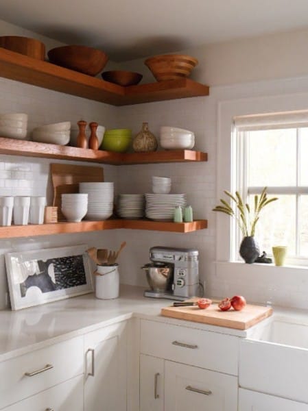 open floating shelving in kitchen