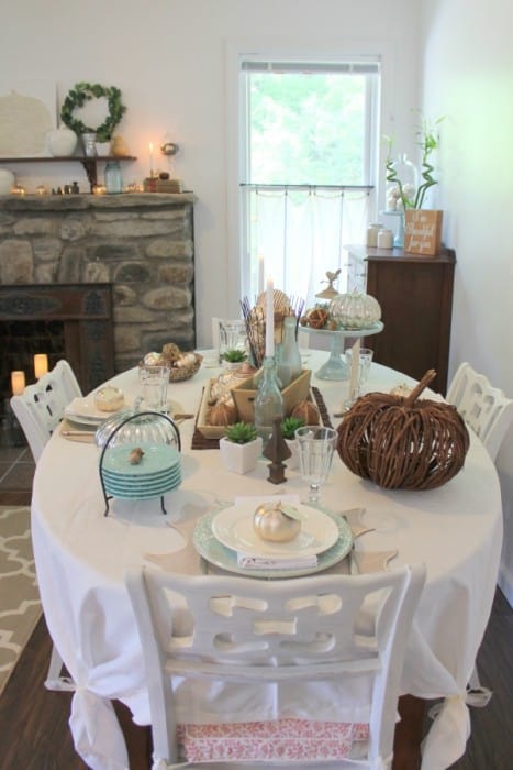 Coastal Fall Tablescape With Blue and Gold Accents