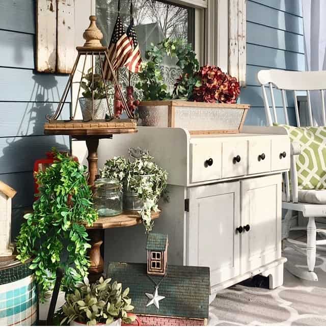 porch with small hutch, rocking chair, farmhouse deocr